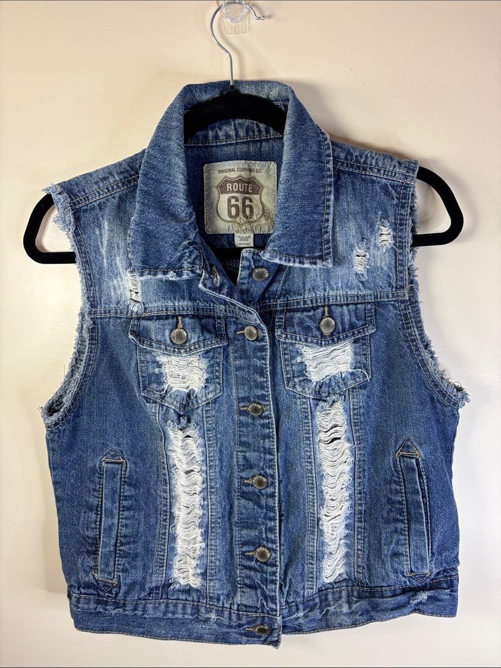 Route 66 Womens Distressed Blue Denim Vest